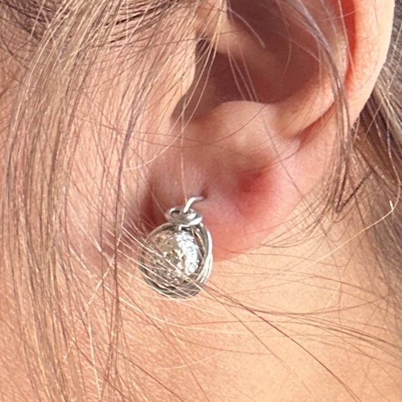 Handmade bohemian Lava rock in metallic silver stud statement earrings - Picture 2 of 13